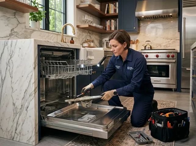Appliance Repair Hero technician servicing a built-in dishwasher in a Blanch, NC kitchen