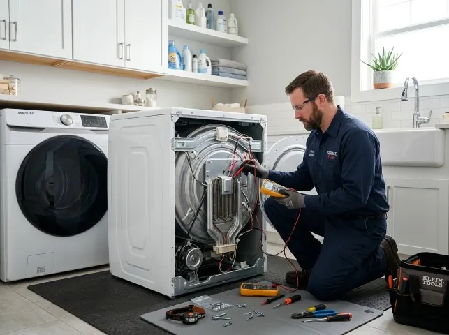 Appliance Repair Hero technician checking a dryer heating element with the rear panel off in Blanch, NC