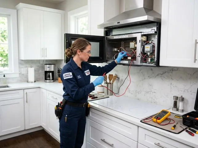 Appliance Repair Hero technician testing an over-the-range microwave in a Blanch, NC kitchen