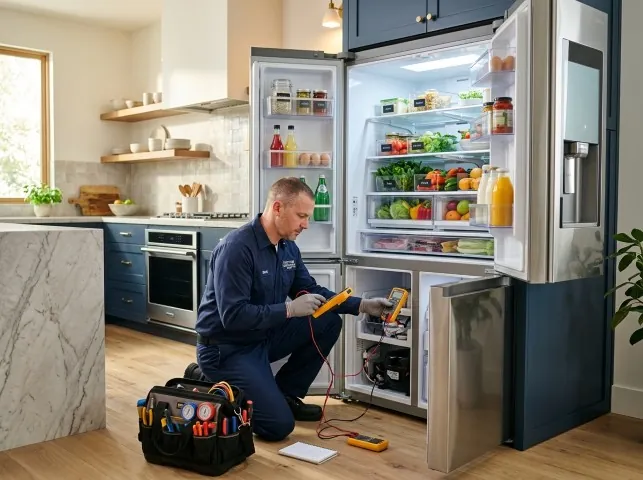 Appliance Repair Hero refrigerator technician testing a fridge on a Blanch, NC service call