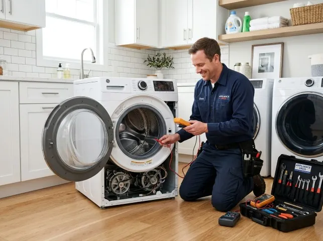 Appliance Repair Hero technician testing a front-load washer with a multimeter on a Blanch, NC service call
